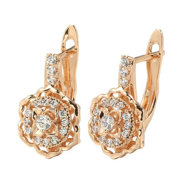 Sparkling Crystal Flower Dangle Glossy 14K Rolled Rose Gold AAA Zircon Diamonds Earrings - Fine Jewellery
